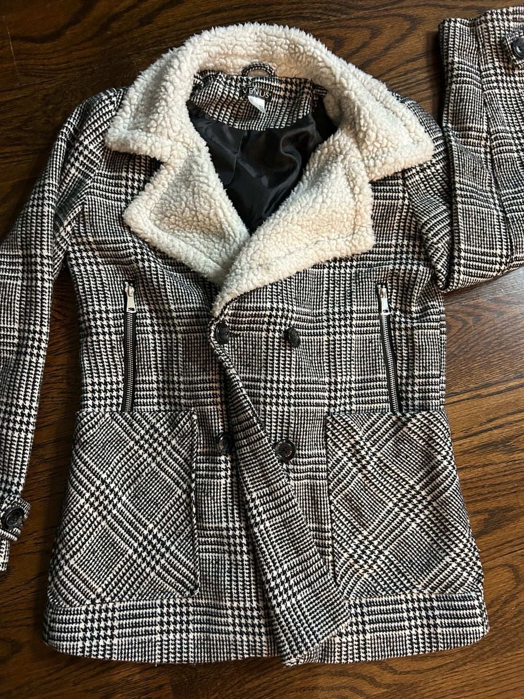 Venus Plaid Pea Coat Size S Sherpa Collar 3