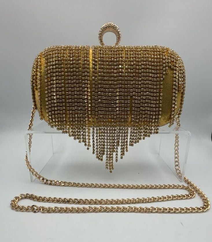 Badgley Mischka Rhinestone Fringe Gold Clutch 2