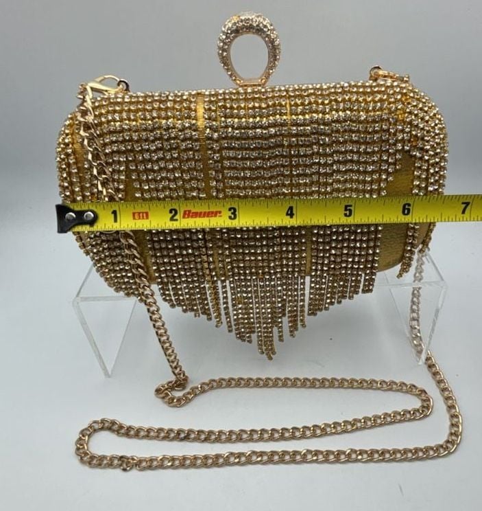 Badgley Mischka Rhinestone Fringe Gold Clutch 6