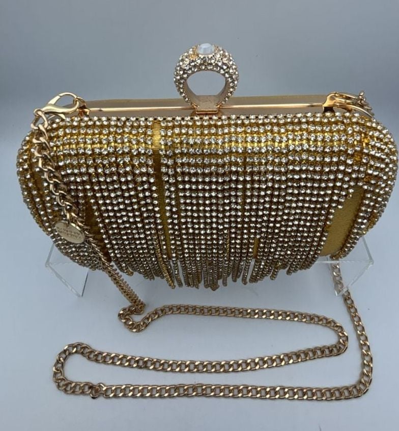 Badgley Mischka Rhinestone Fringe Gold Clutch 5