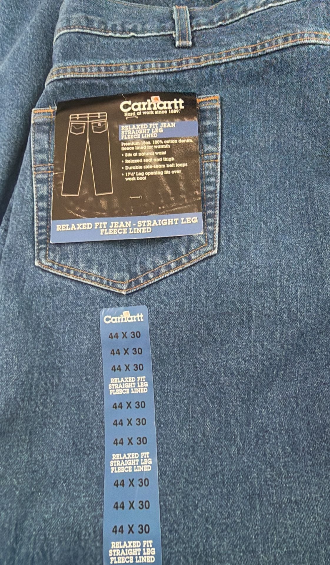 Carhartt B155 D8T Size 44x30 Relaxed Fit Fleece Lined Denim Jeans 9