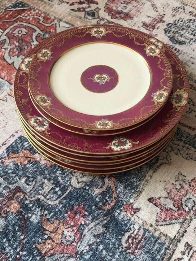 Antique R.S. Tillowitz Diana China Germany Magenta Gold Porcelain Plates. Plates Set of 8. 1