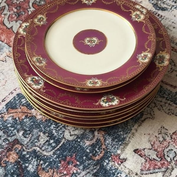 Antique R.S. Tillowitz Diana China Germany Magenta Gold Porcelain Plates. Plates Set of 8.
