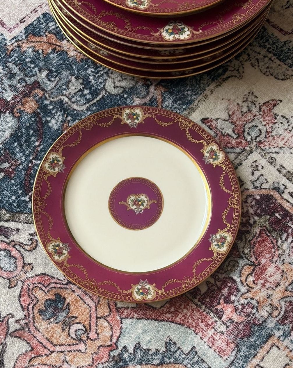 Antique R.S. Tillowitz Diana China Germany Magenta Gold Porcelain Plates. Plates Set of 8. 4