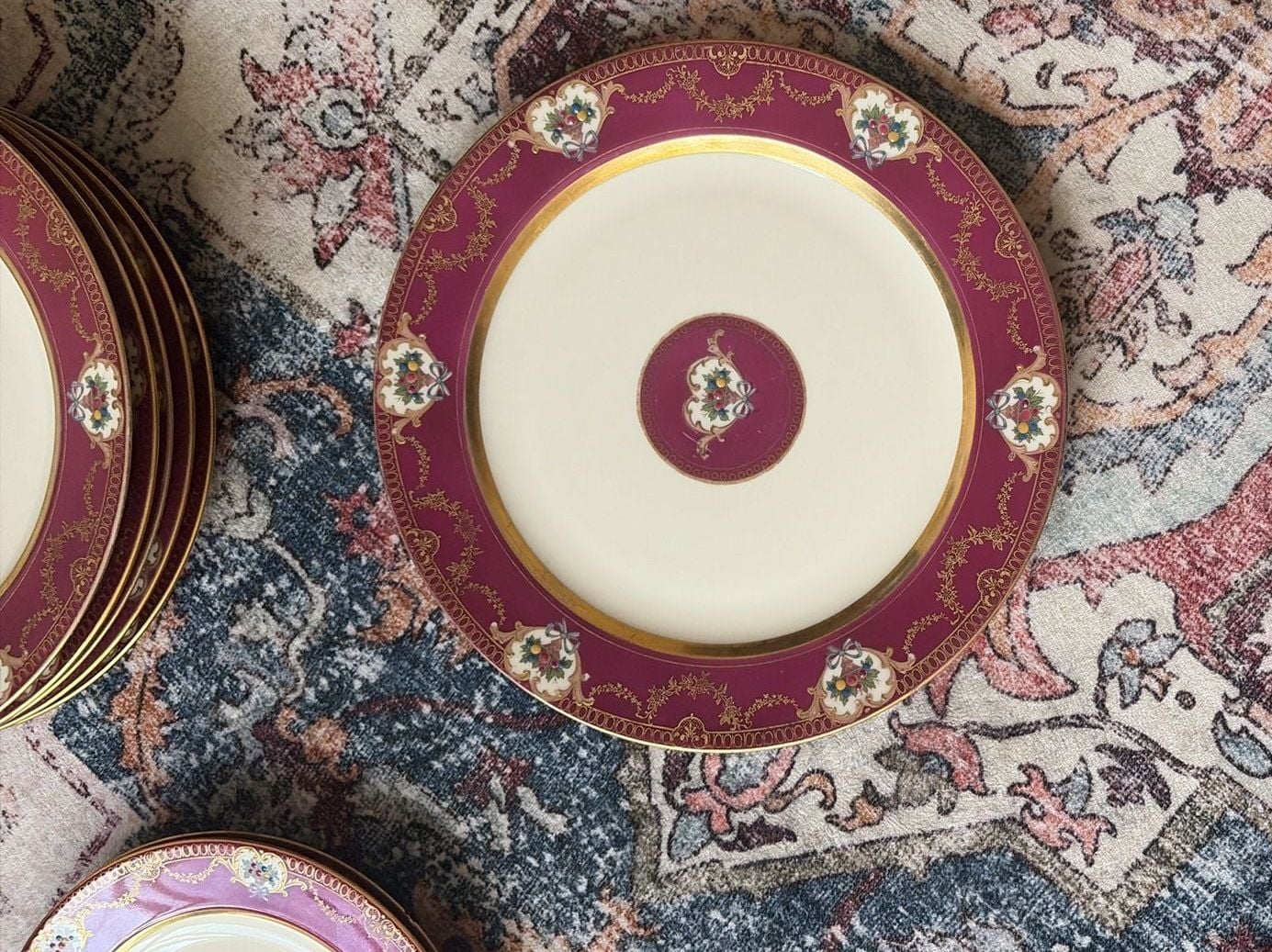 Antique R.S. Tillowitz Diana China Germany Magenta Gold Porcelain Plates. Plates Set of 8. 7