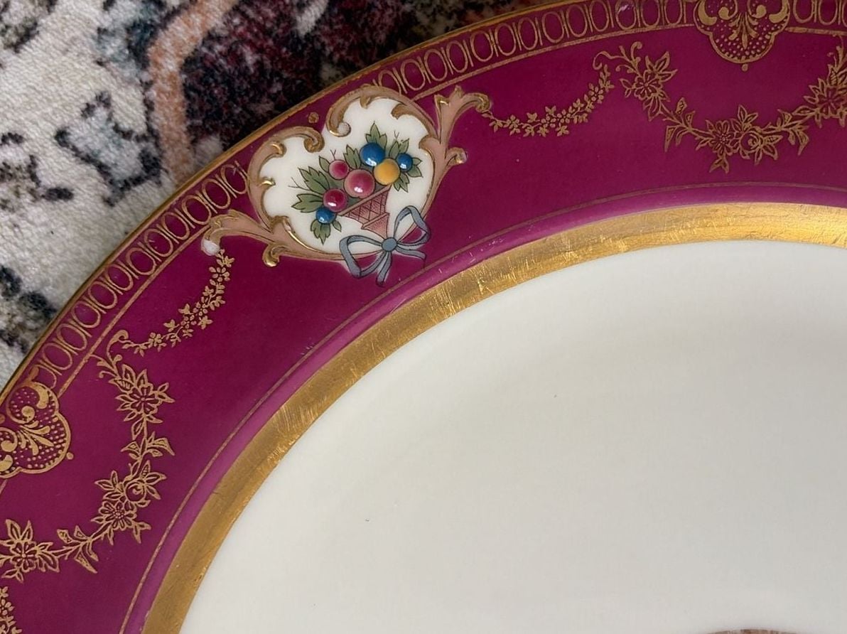 Antique R.S. Tillowitz Diana China Germany Magenta Gold Porcelain Plates. Plates Set of 8. 8