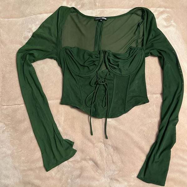 Fashion Nova Olive Mesh Long Sleeve Corset Top Size M