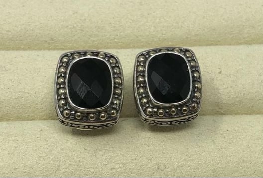 EFFY Balissima 925Sterling Silver Black Onyx Two Tone 18KGold Omega BackEarrings 6