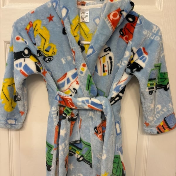 Baogaier Hooded Bathrobe Size 5-6Y Blue Car Print Fleece