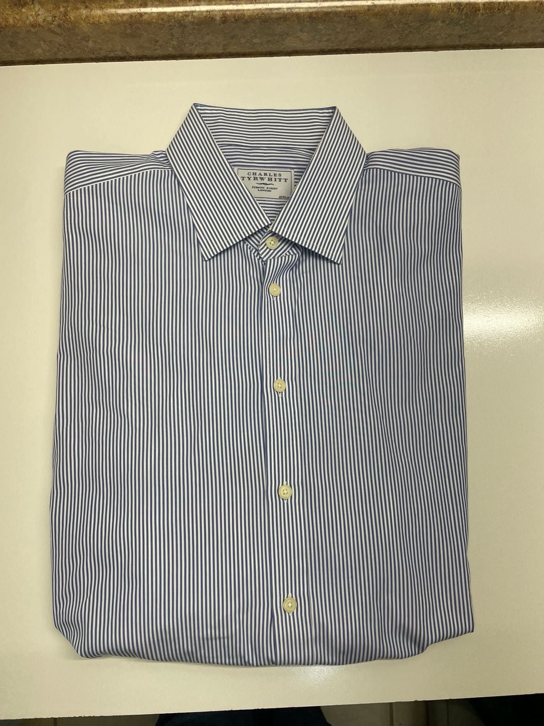 Charles Tyrwhitt Dress Shirt 18/37in Blue White Cotton Striped Long Sleeve 1