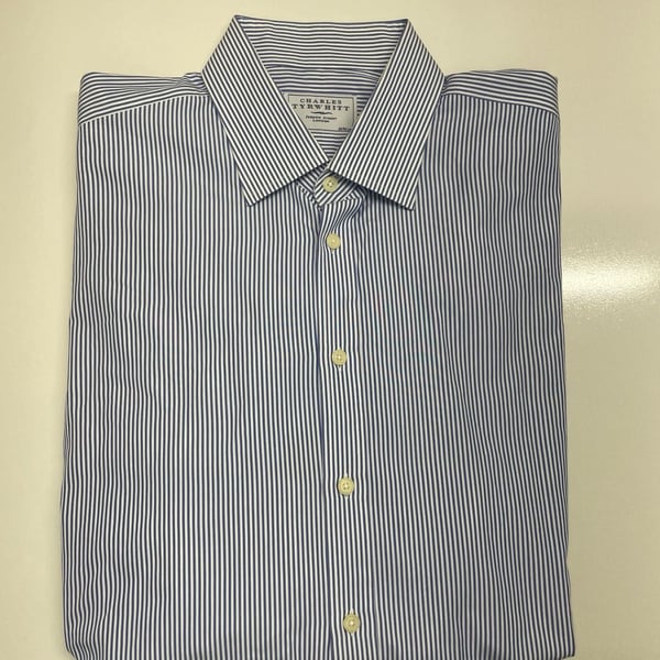 Charles Tyrwhitt Dress Shirt 18/37in Blue White Cotton Striped Long Sleeve