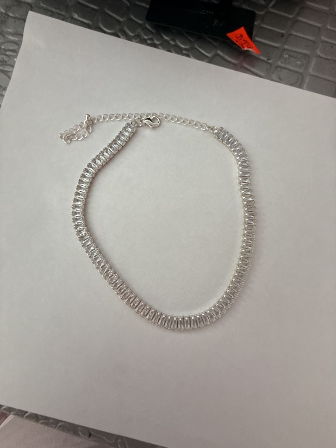 Crystal Baguette Tennis Choker Necklace Silver Tone 2