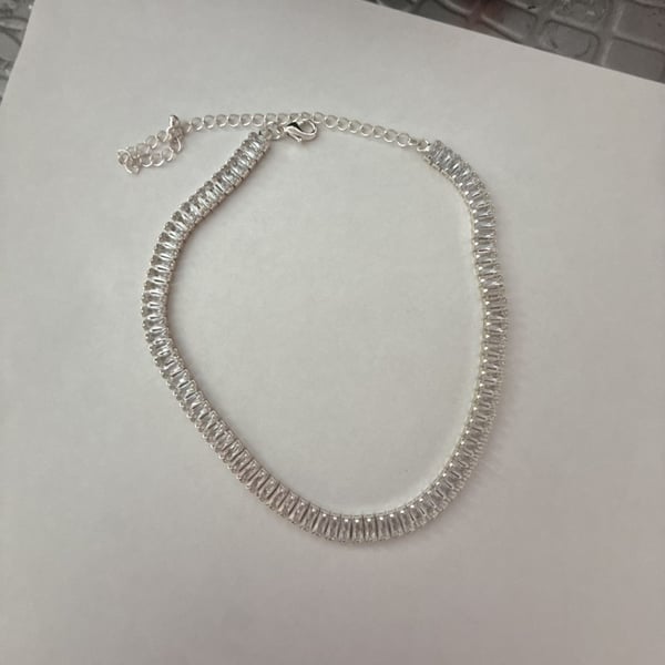 Crystal Baguette Tennis Choker Necklace Silver Tone