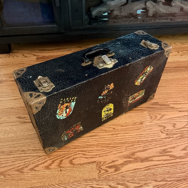 Vintage Black Travel Suitcase Hard Case Luggage With Stickers