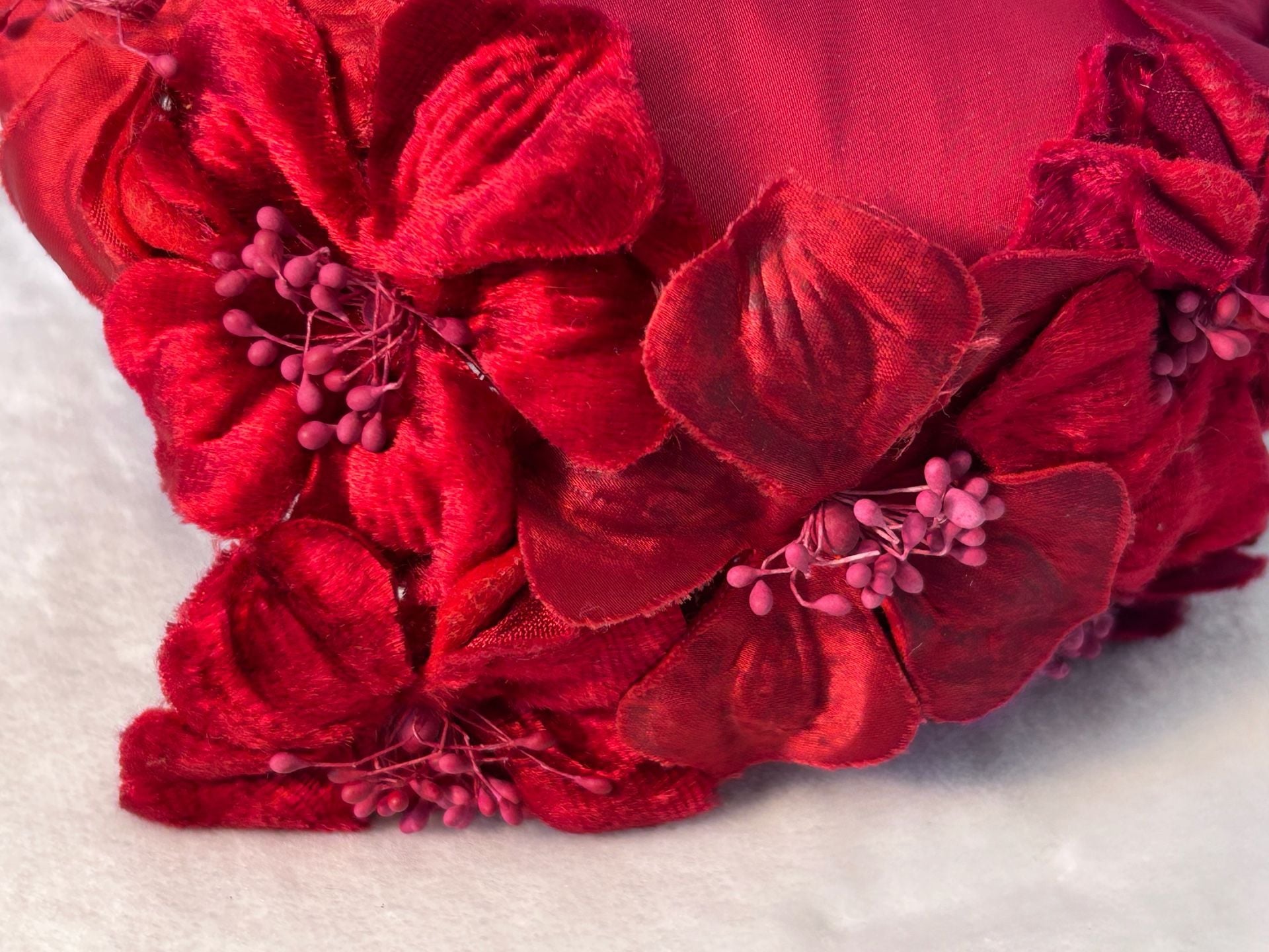 Vintage 1960s Red Satin Hat Velvet Flowers Fascinator 3