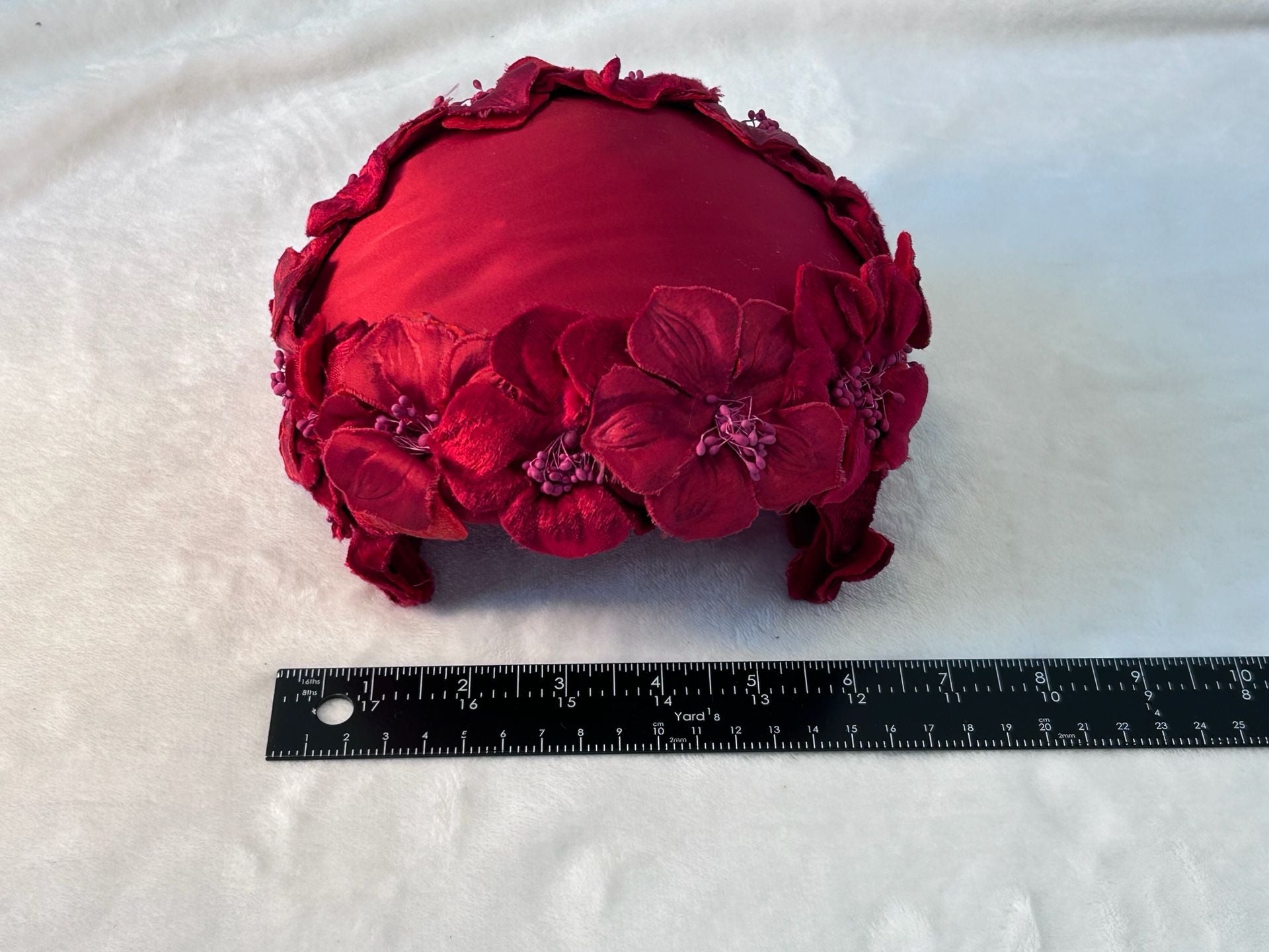 Vintage 1960s Red Satin Hat Velvet Flowers Fascinator 10