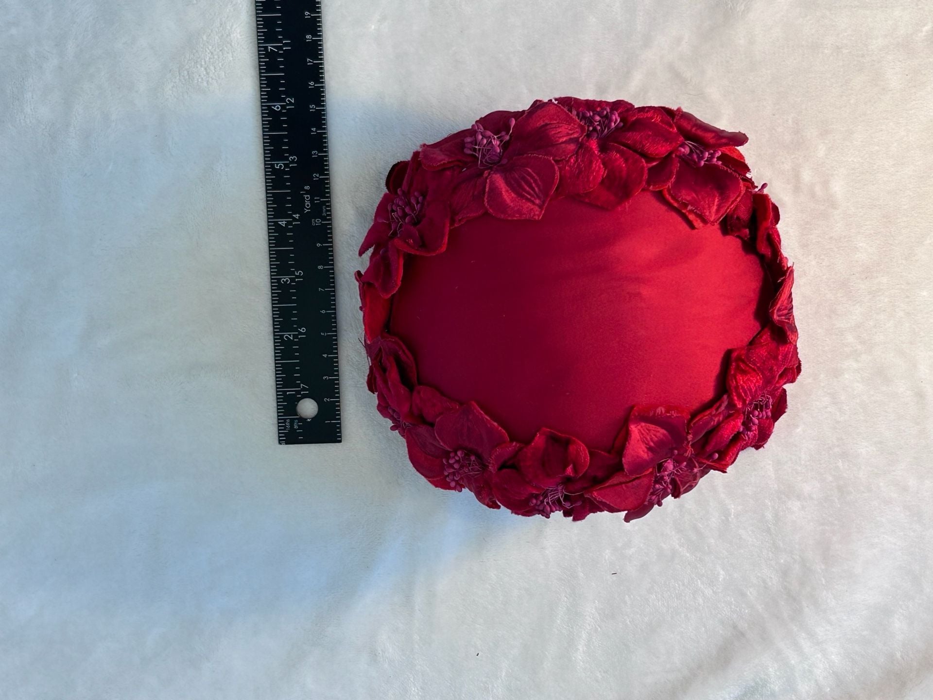 Vintage 1960s Red Satin Hat Velvet Flowers Fascinator 11
