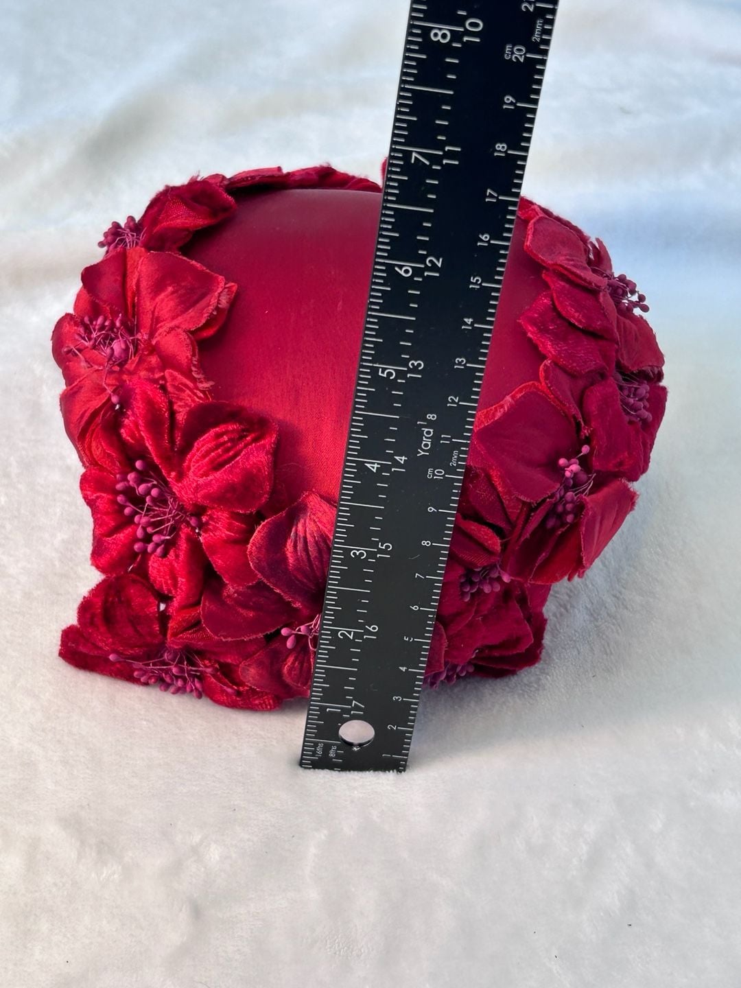 Vintage 1960s Red Satin Hat Velvet Flowers Fascinator 12