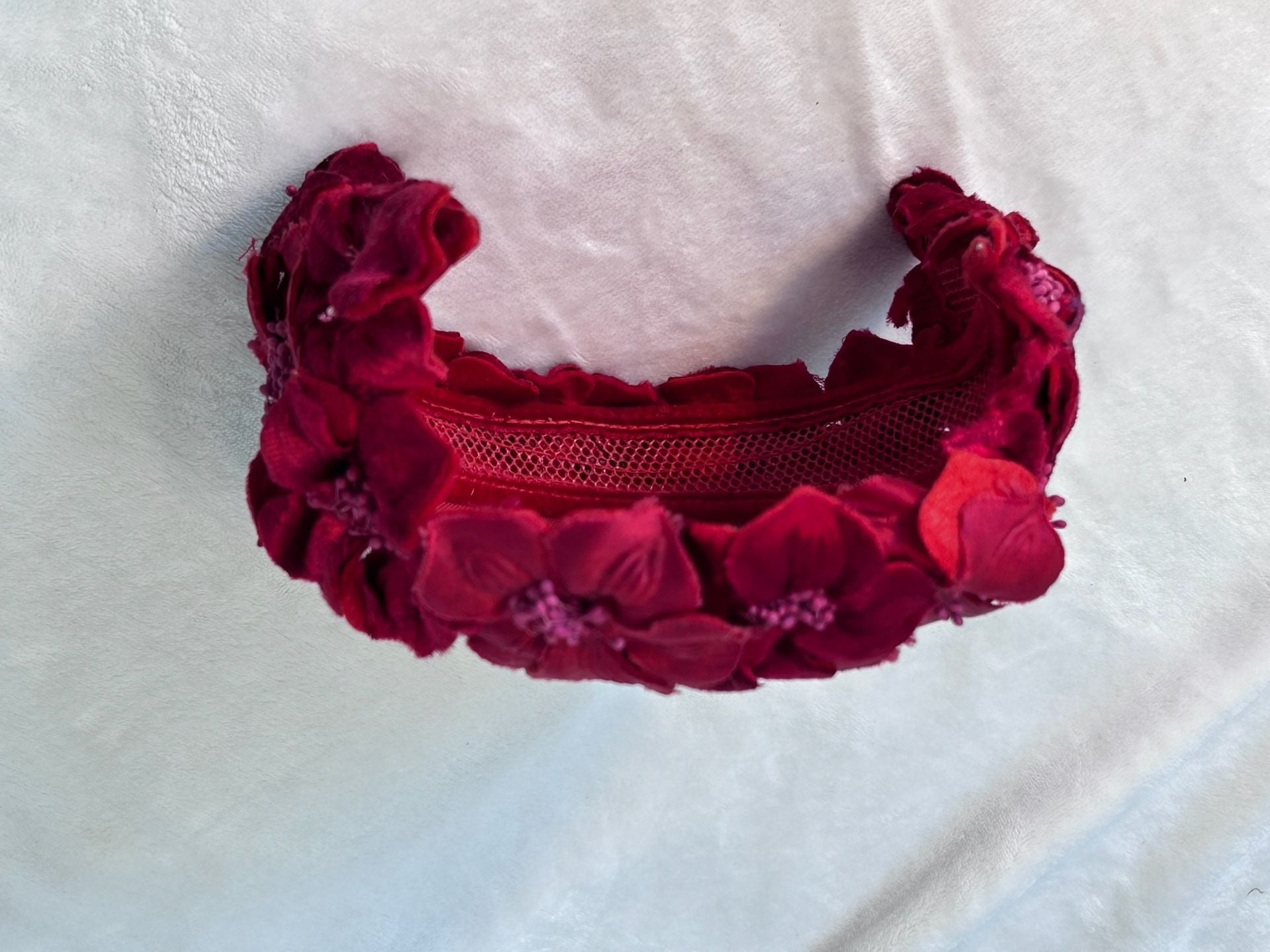 Vintage 1960s Red Satin Hat Velvet Flowers Fascinator 13