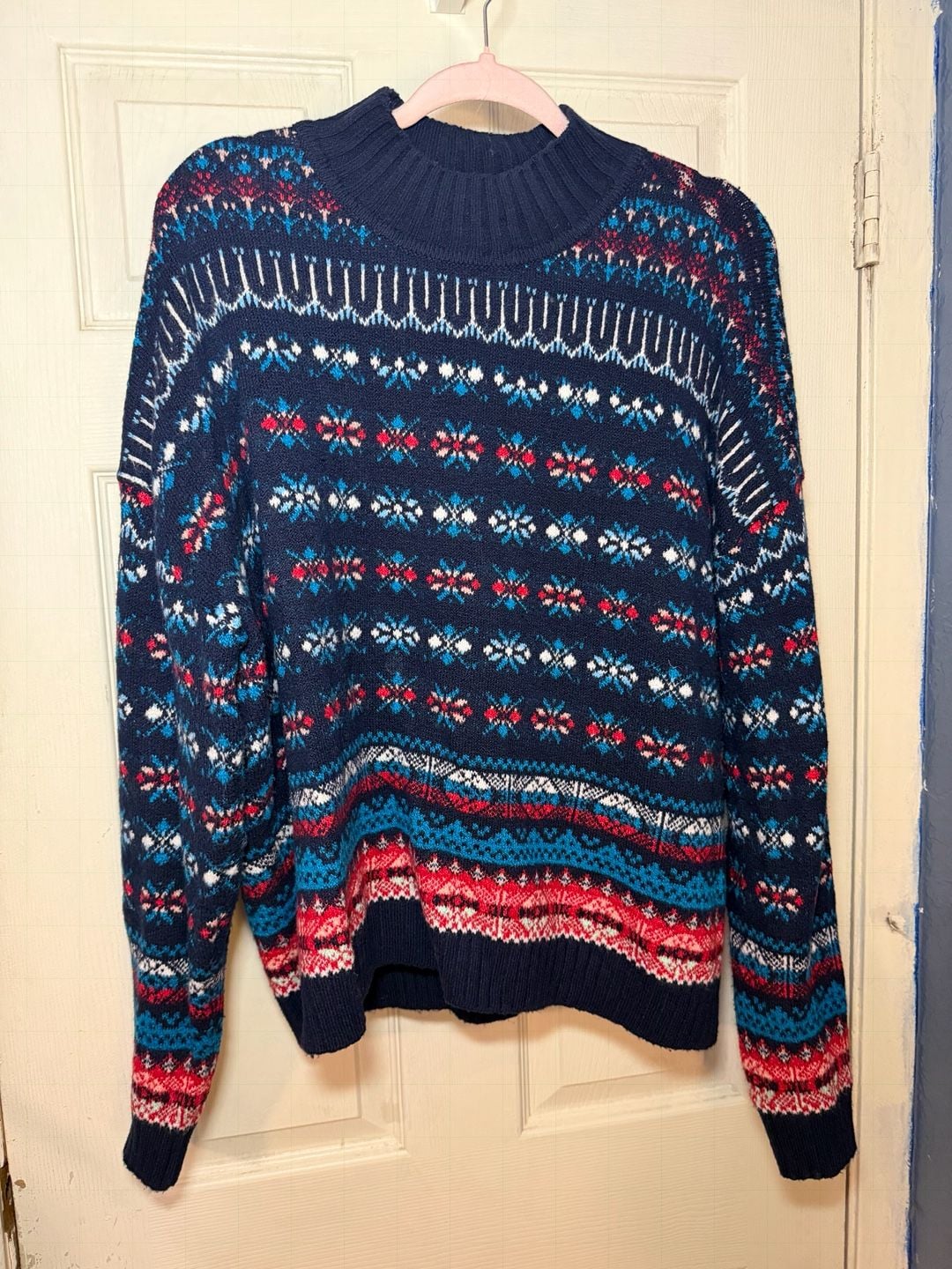 Loft Fair Isle Mock Neck Sweater Navy Red Size Medium 3