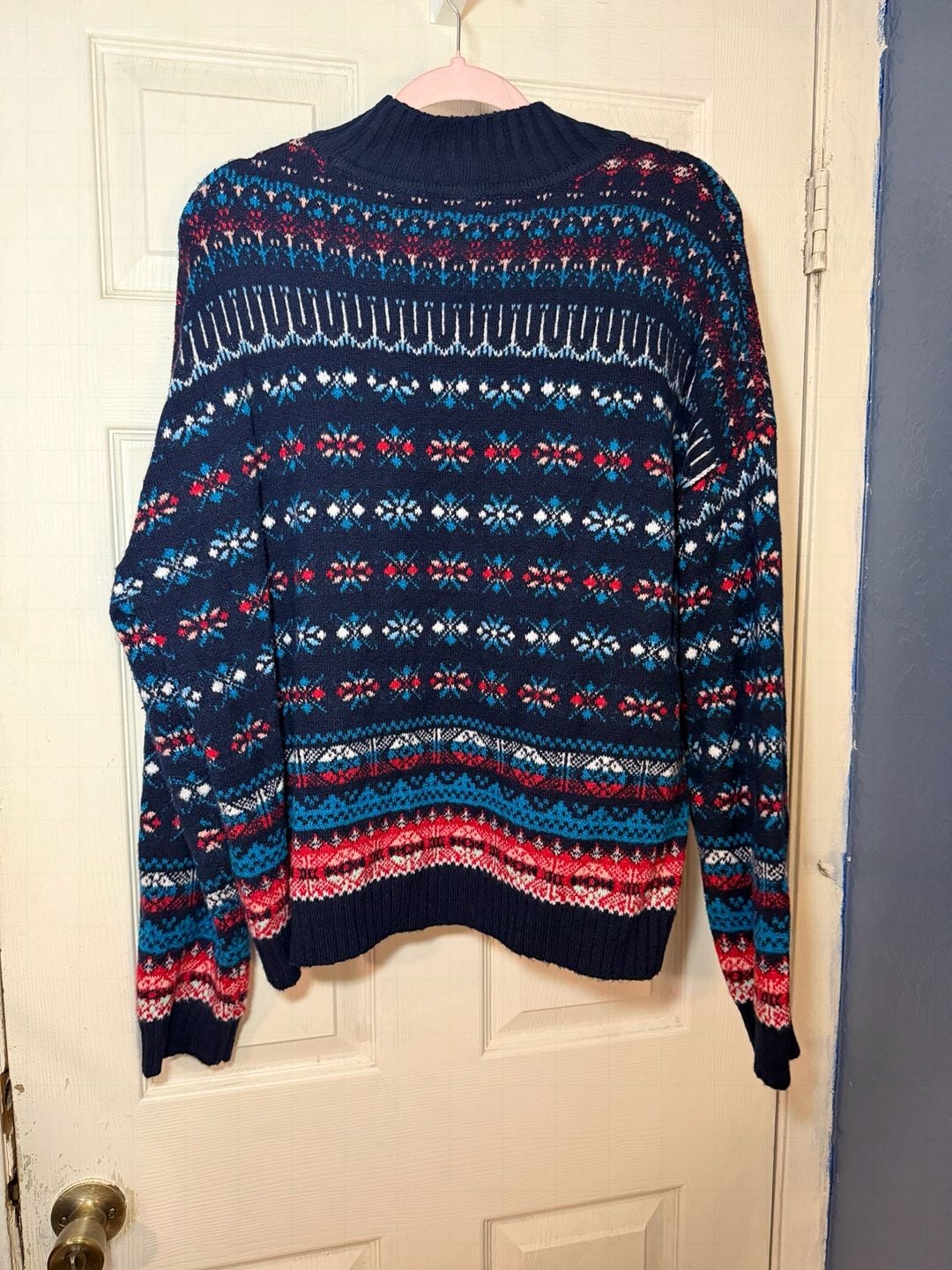Loft Fair Isle Mock Neck Sweater Navy Red Size Medium 4