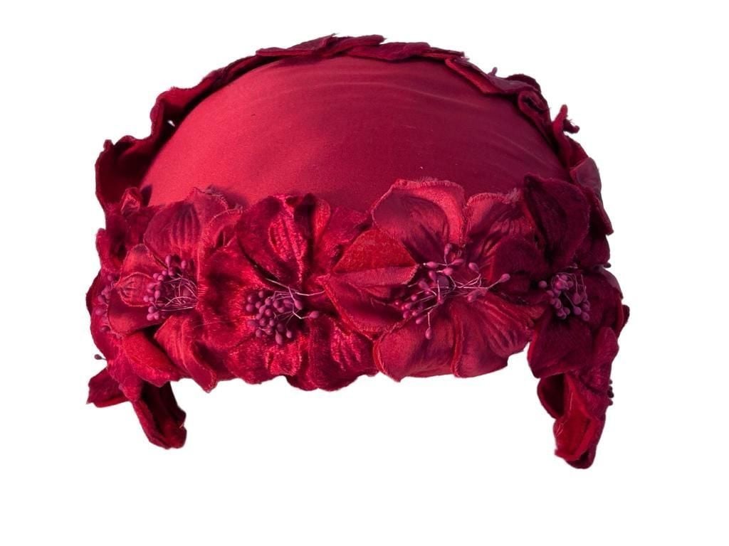 Vintage 1960s Red Satin Hat Velvet Flowers Fascinator 2