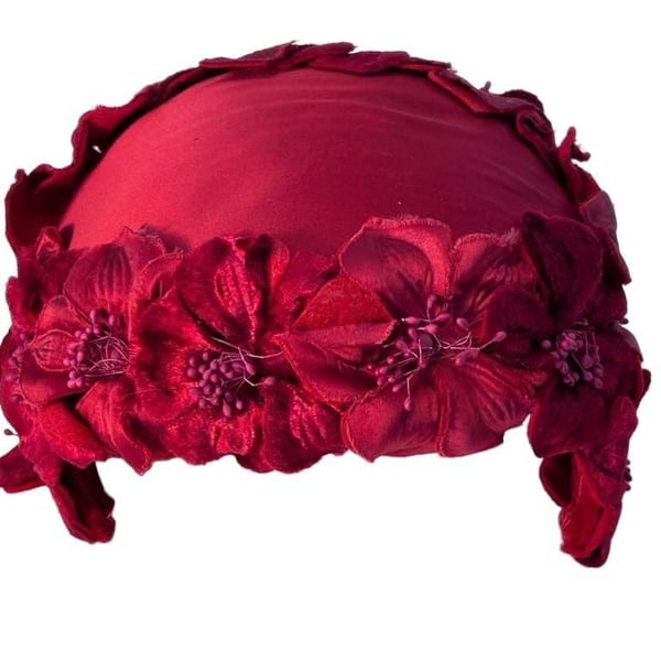 Vintage 1960s Red Satin Hat Velvet Flowers Fascinator