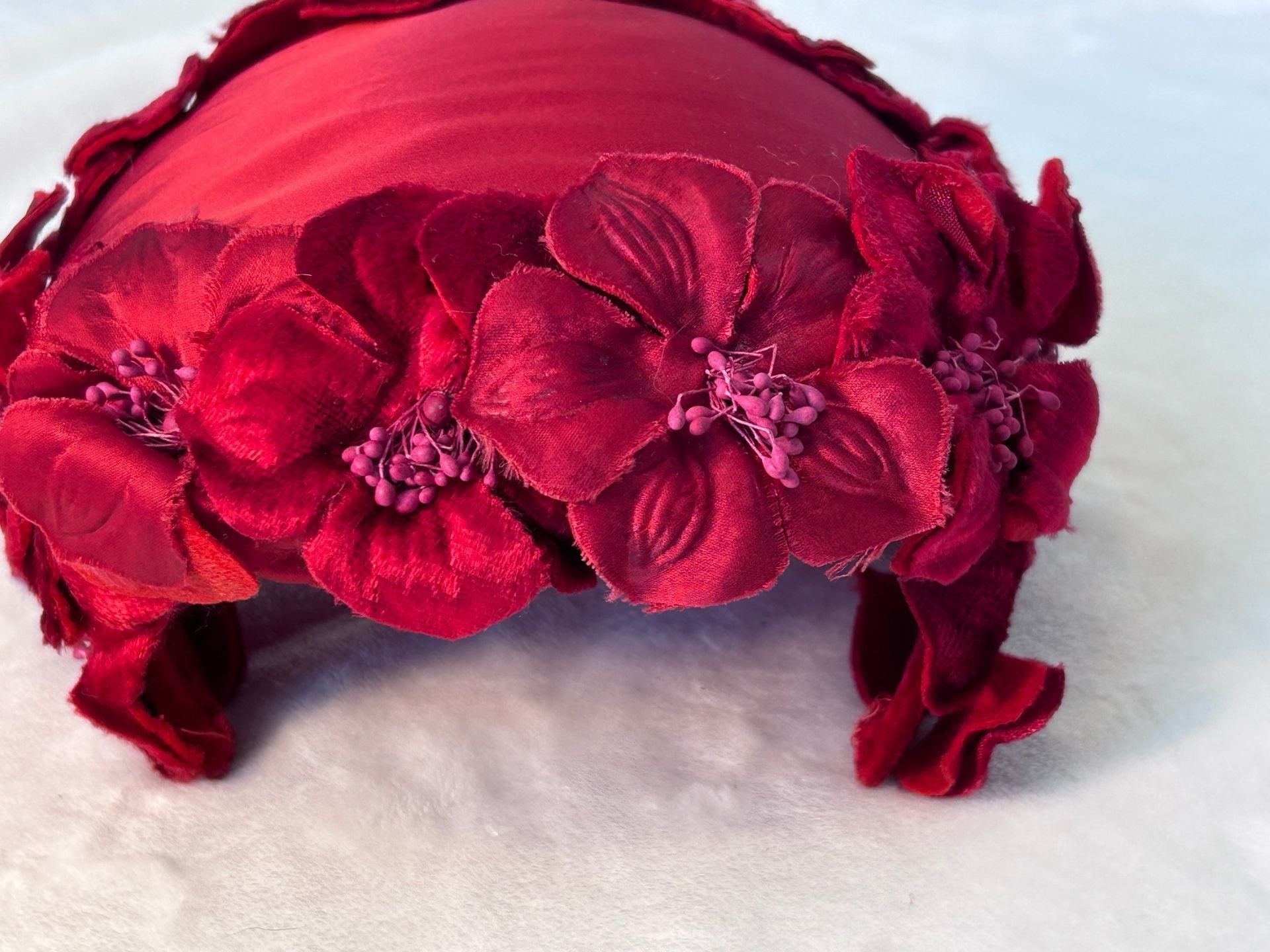 Vintage 1960s Red Satin Hat Velvet Flowers Fascinator 4