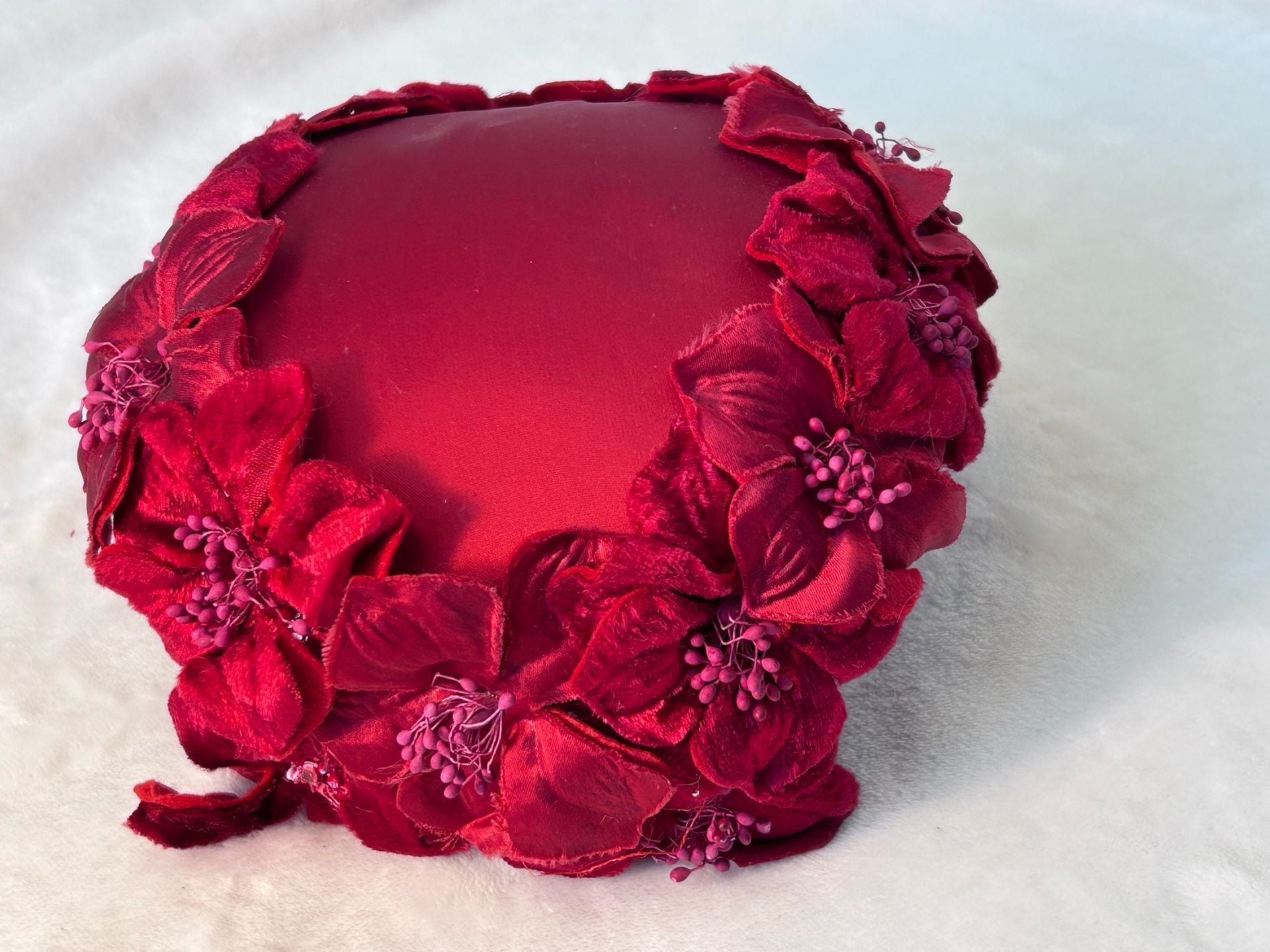 Vintage 1960s Red Satin Hat Velvet Flowers Fascinator 5