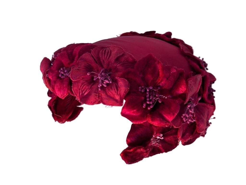 Vintage 1960s Red Satin Hat Velvet Flowers Fascinator 6