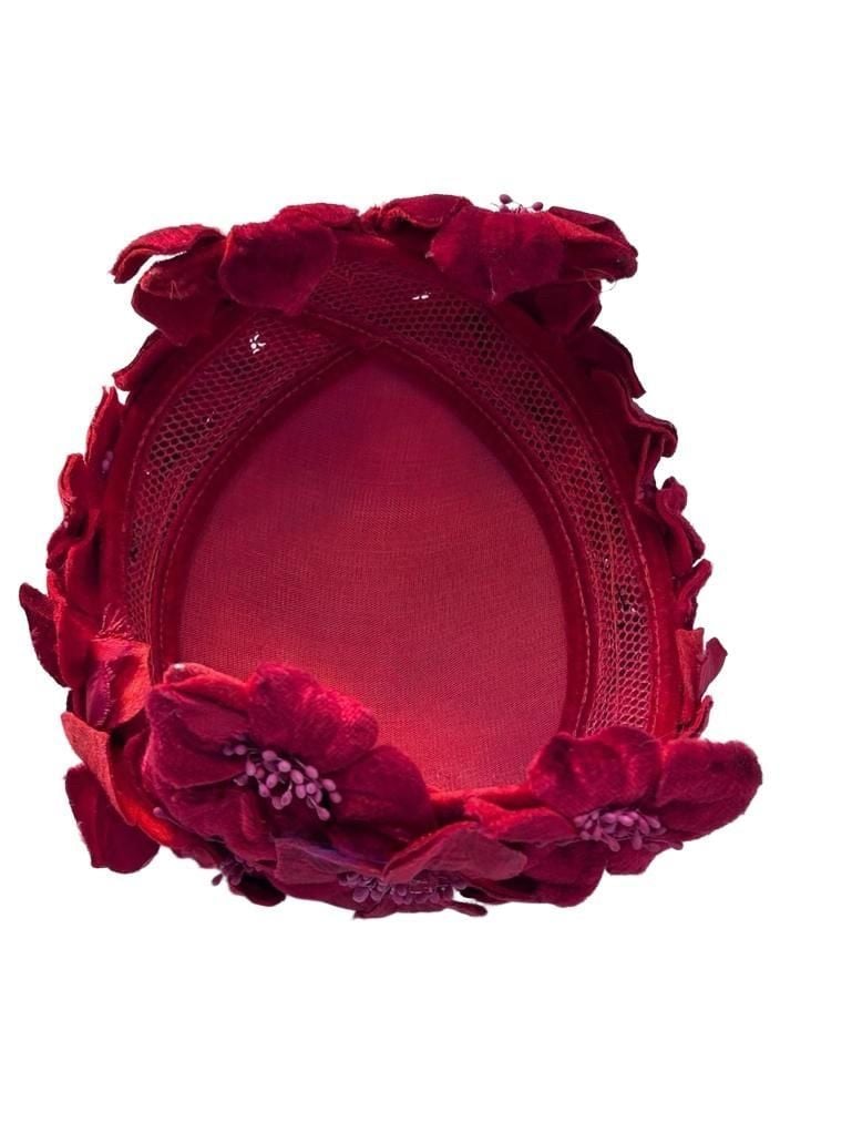 Vintage 1960s Red Satin Hat Velvet Flowers Fascinator 8