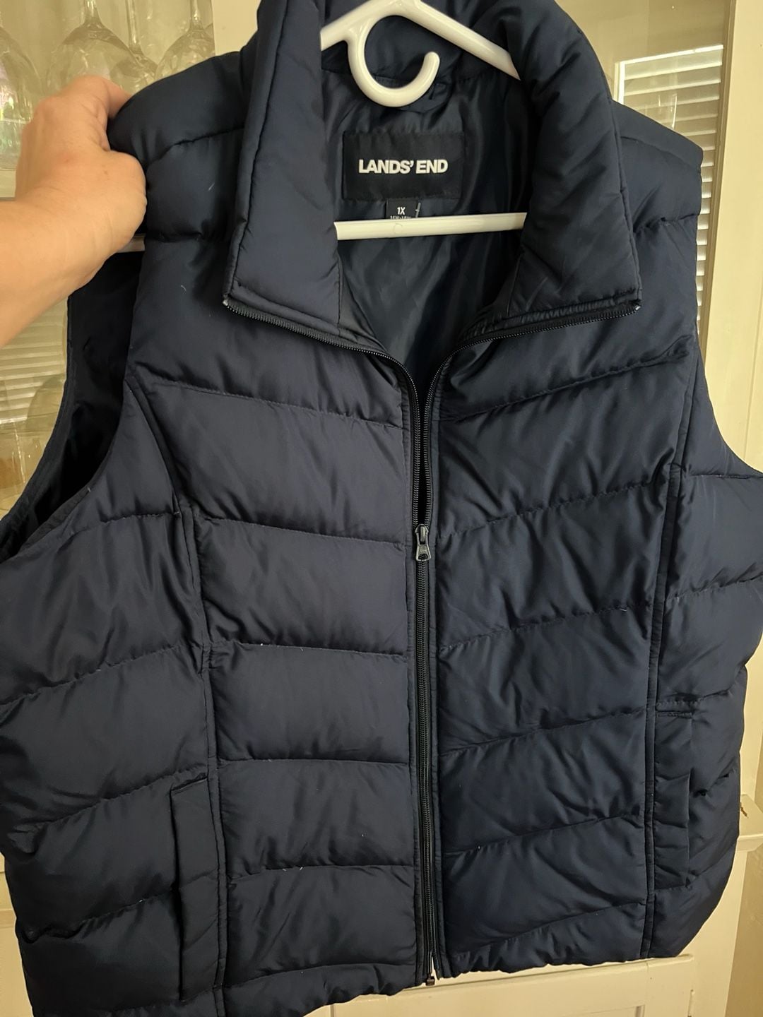 Women’s Lands' End Puffer Vest Size 1X Navy Blue Quilted Full Zip Stand Collar 2