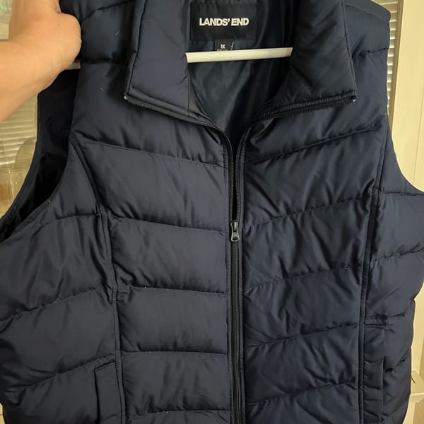 Women’s Lands' End Puffer Vest Size 1X Navy Blue Quilted Full Zip Stand Collar