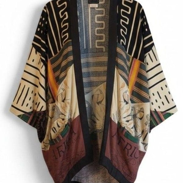 Vintage Rare Handcrafted AS-HRO Africa Map Kimono Size 13 Extra Large Black
