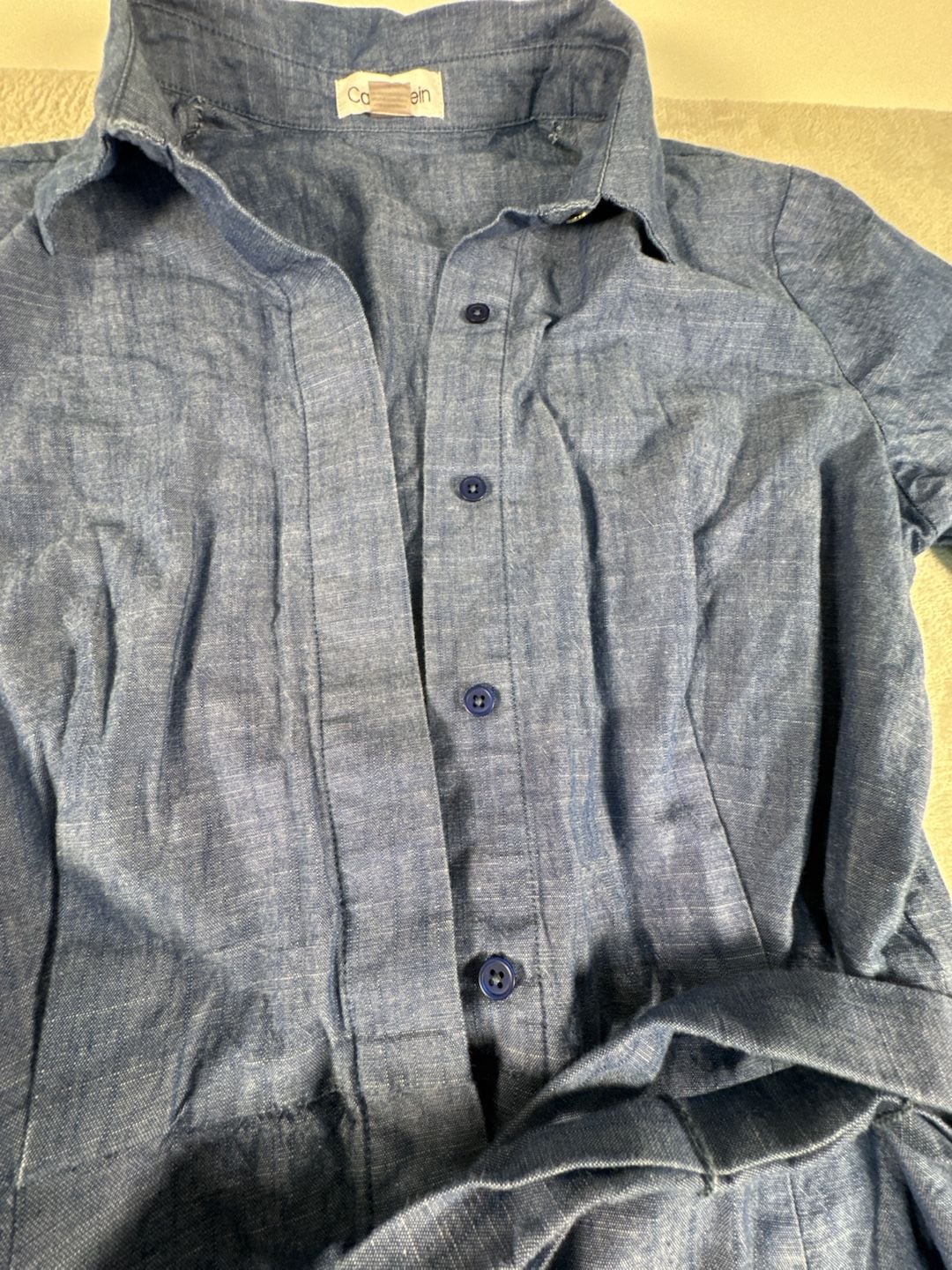 Calvin Klein Tiered Chambray Shirt Dress Blue Denim Size 4 Boho Chic 10