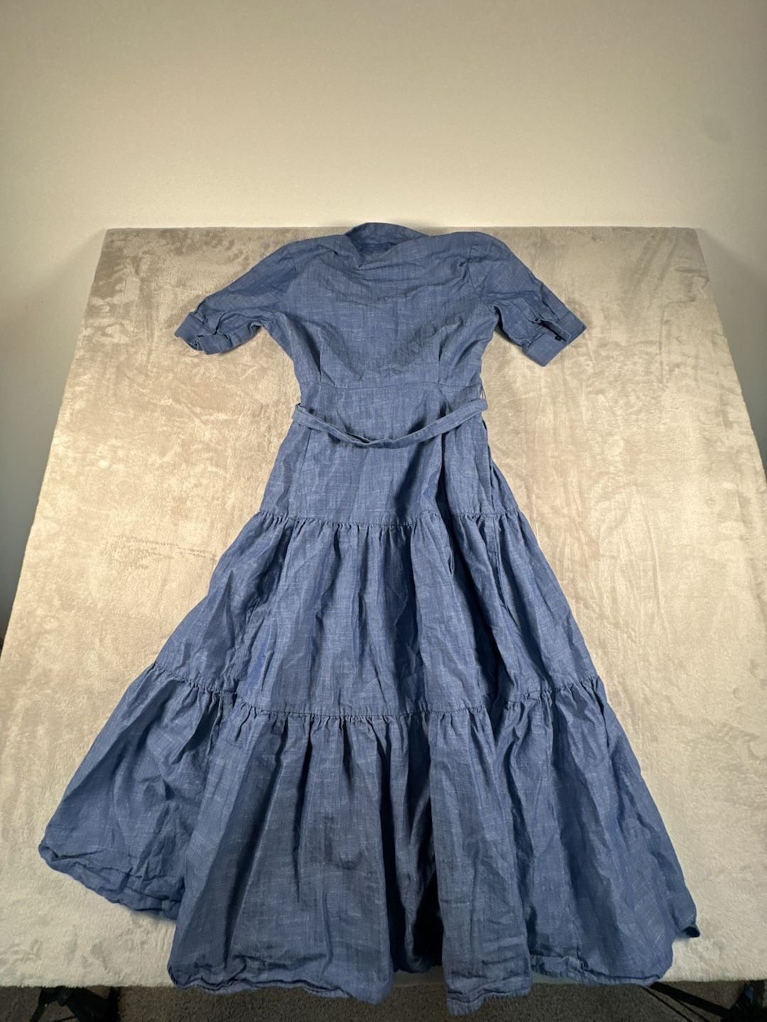 Calvin Klein Tiered Chambray Shirt Dress Blue Denim Size 4 Boho Chic 12