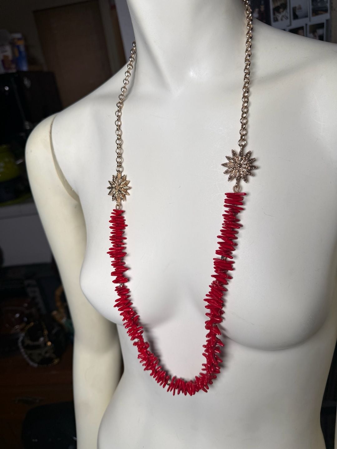 Talbots Gold Tone Red Faux Coral Starburst Long Necklace 2