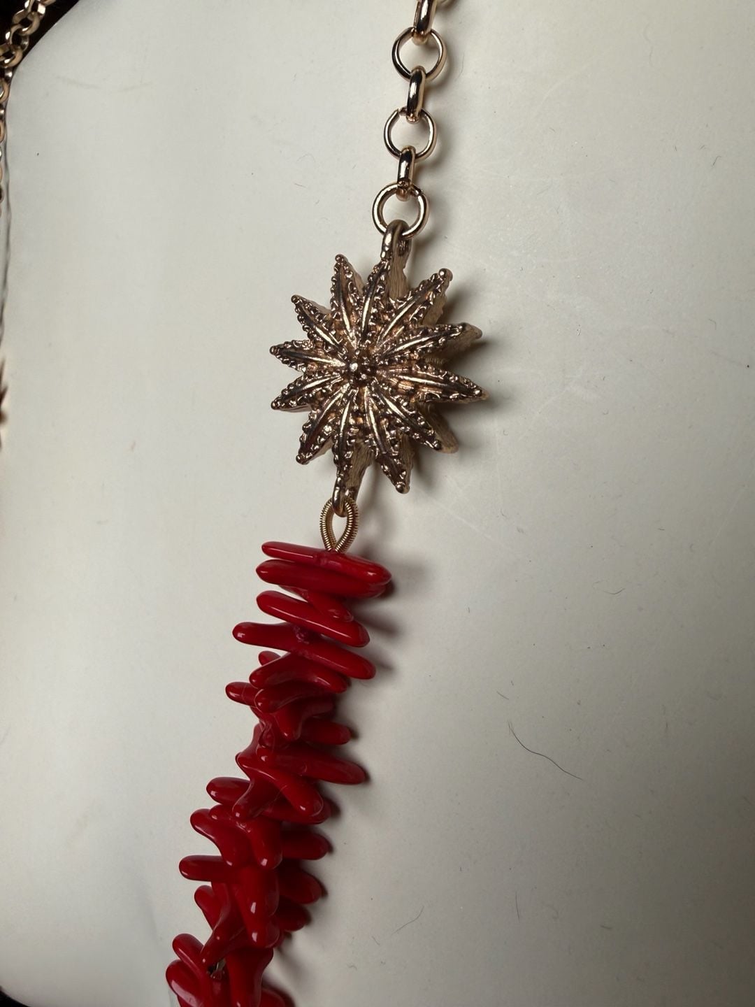 Talbots Gold Tone Red Faux Coral Starburst Long Necklace 3