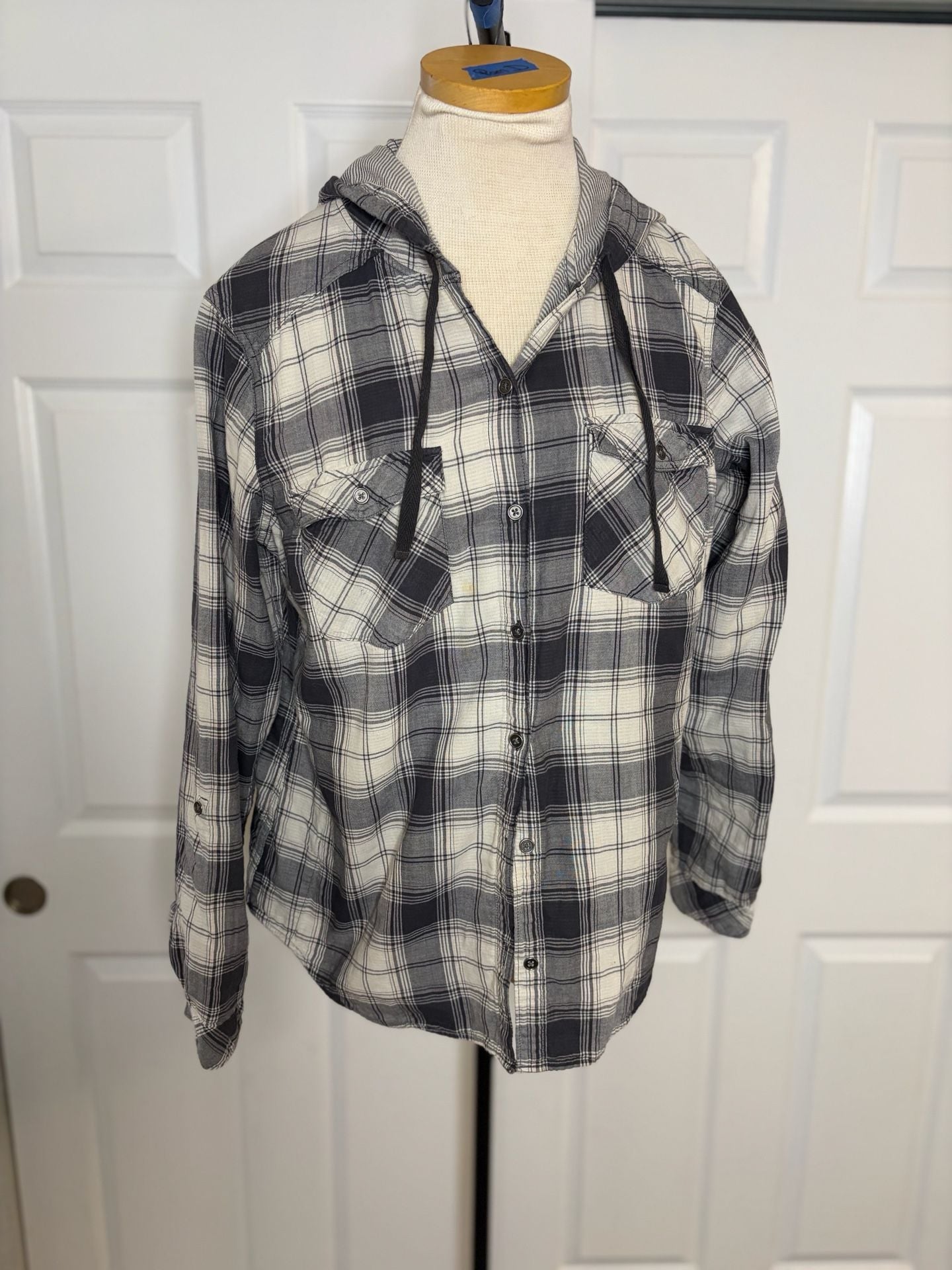 065-Columbia Sportswear Company Plaid Hooded Flannel Shirt Size L Gray White 2