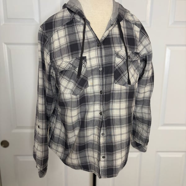 065-Columbia Sportswear Company Plaid Hooded Flannel Shirt Size L Gray White
