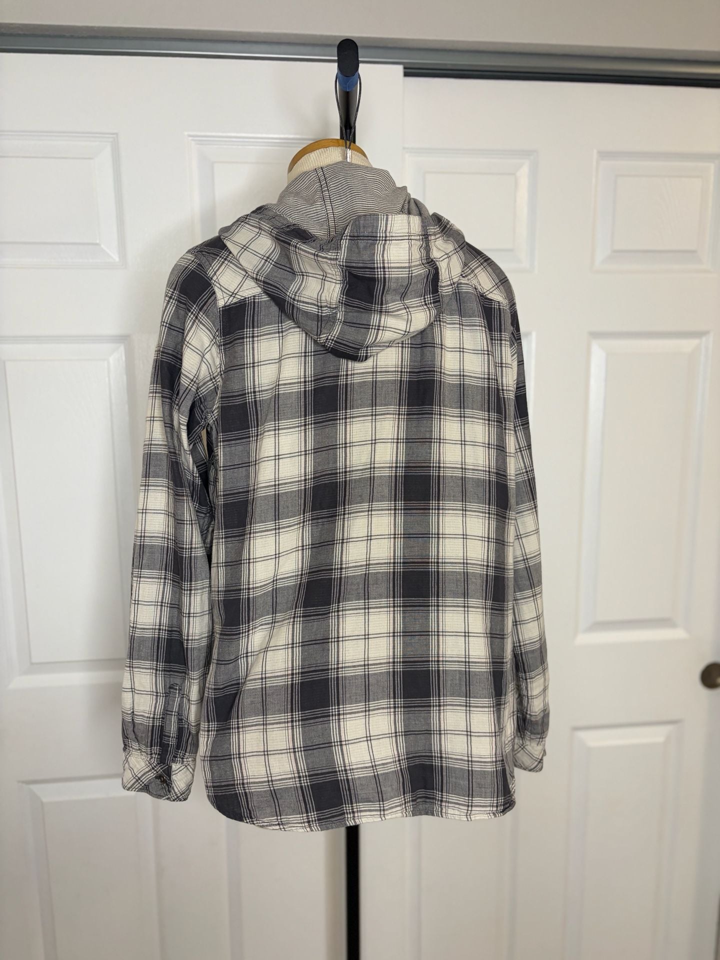 065-Columbia Sportswear Company Plaid Hooded Flannel Shirt Size L Gray White 3