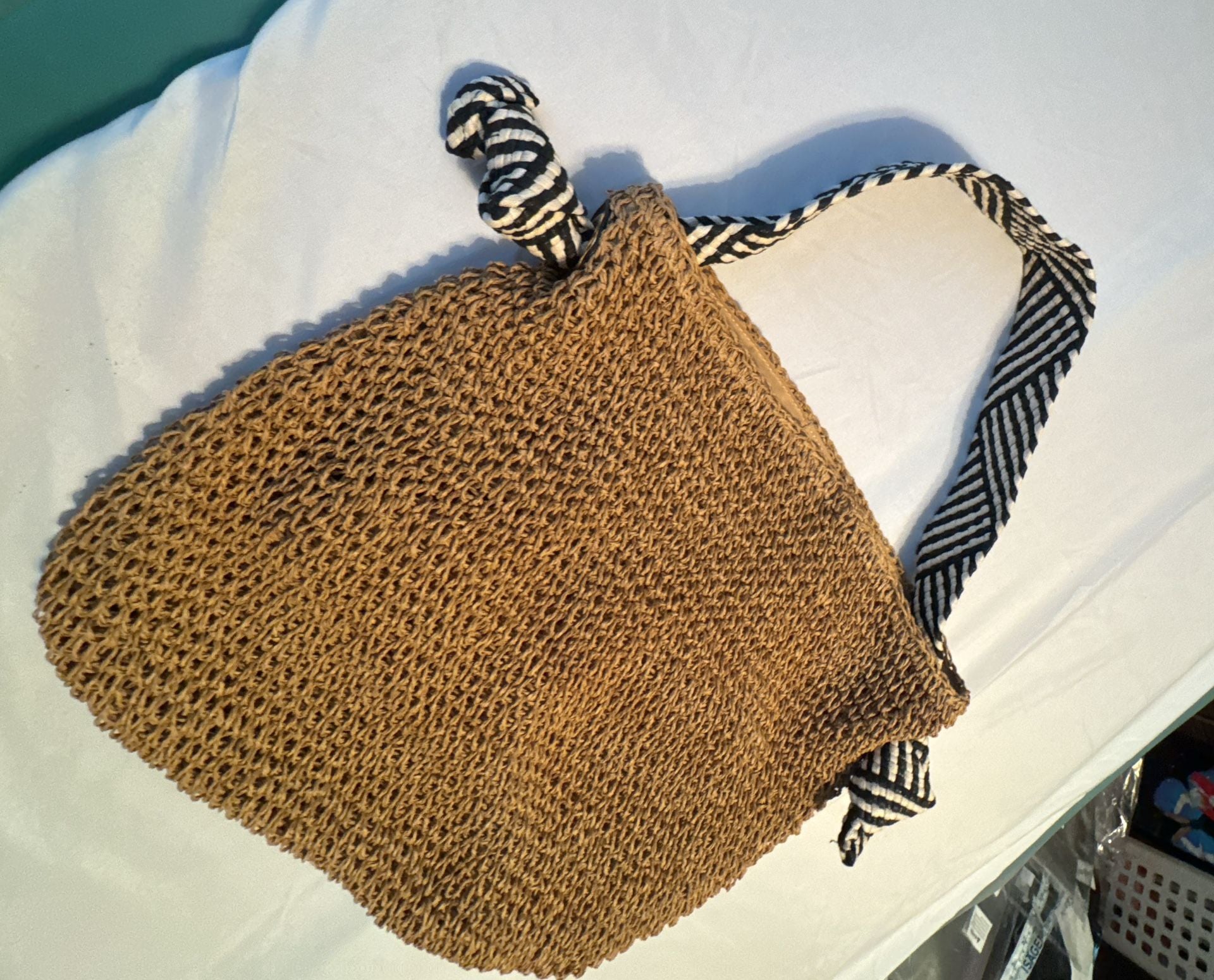 Malibu Raffia Shoulder Bag Woven Straw Hobo Handbag Black White Strap 5