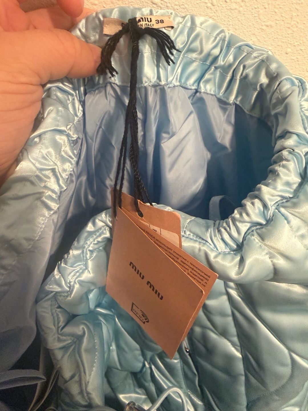 Miu Miu Quilted Trousers Size 38 Light Blue Satin 6
