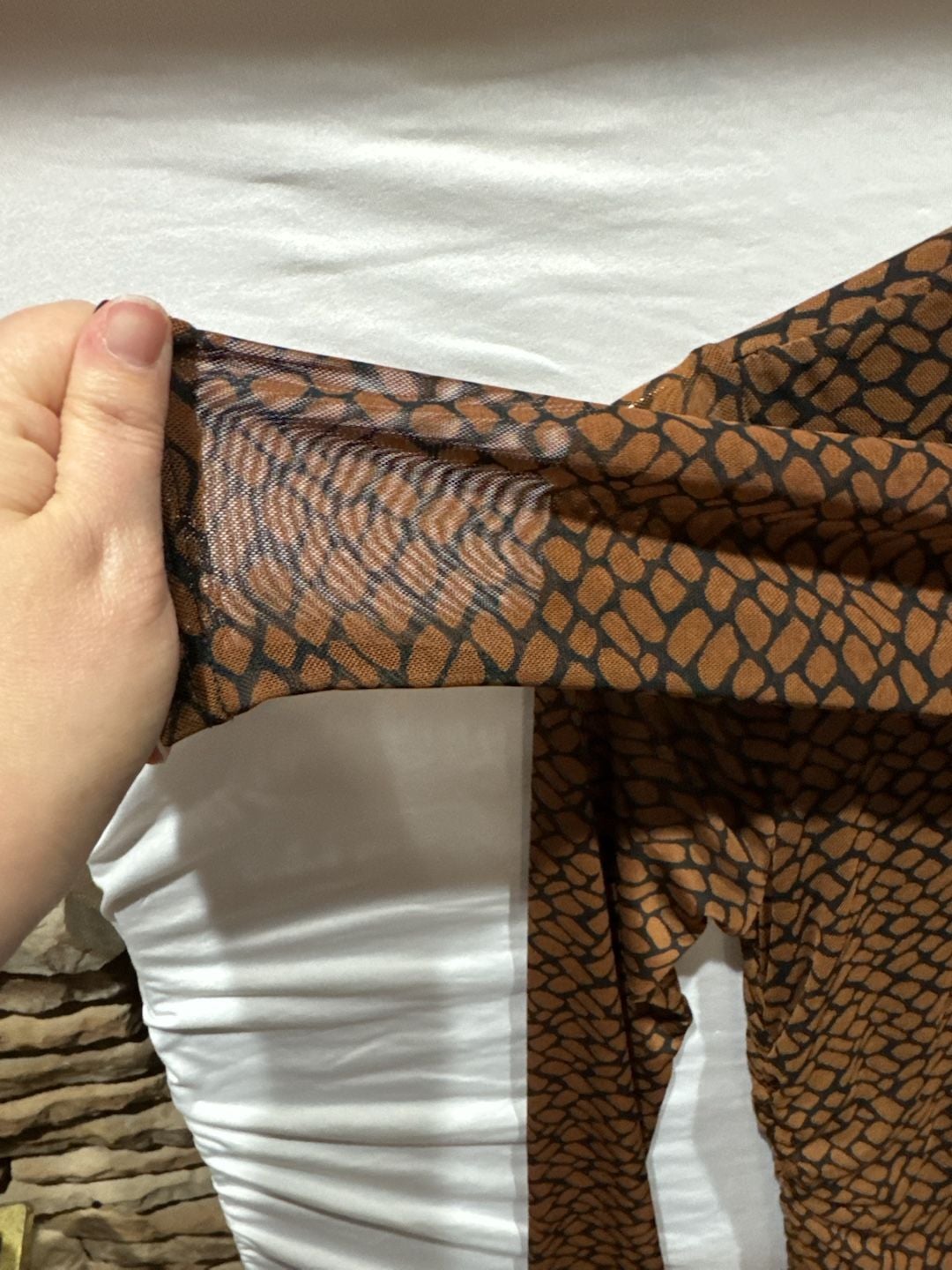 Originality Brown Snake Print Long Sleeve Mock Neck Ruched Mini Dress
O890 4