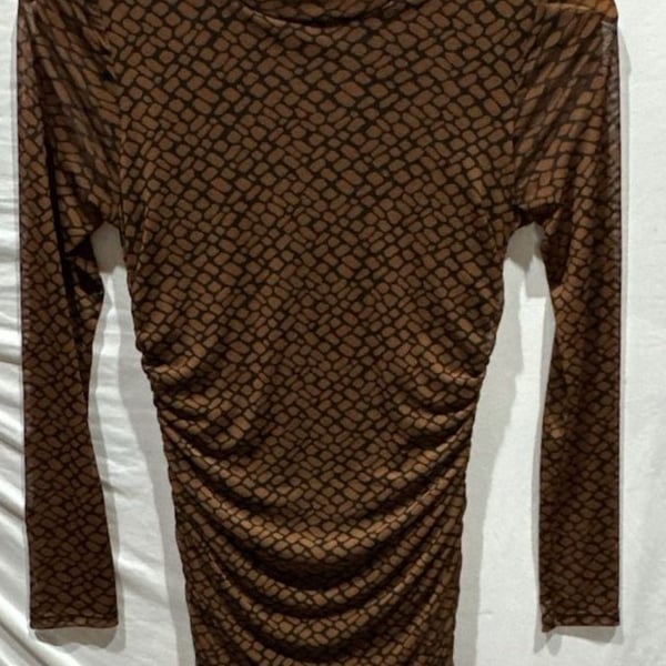 Originality Brown Snake Print Long Sleeve Mock Neck Ruched Mini Dress
O890