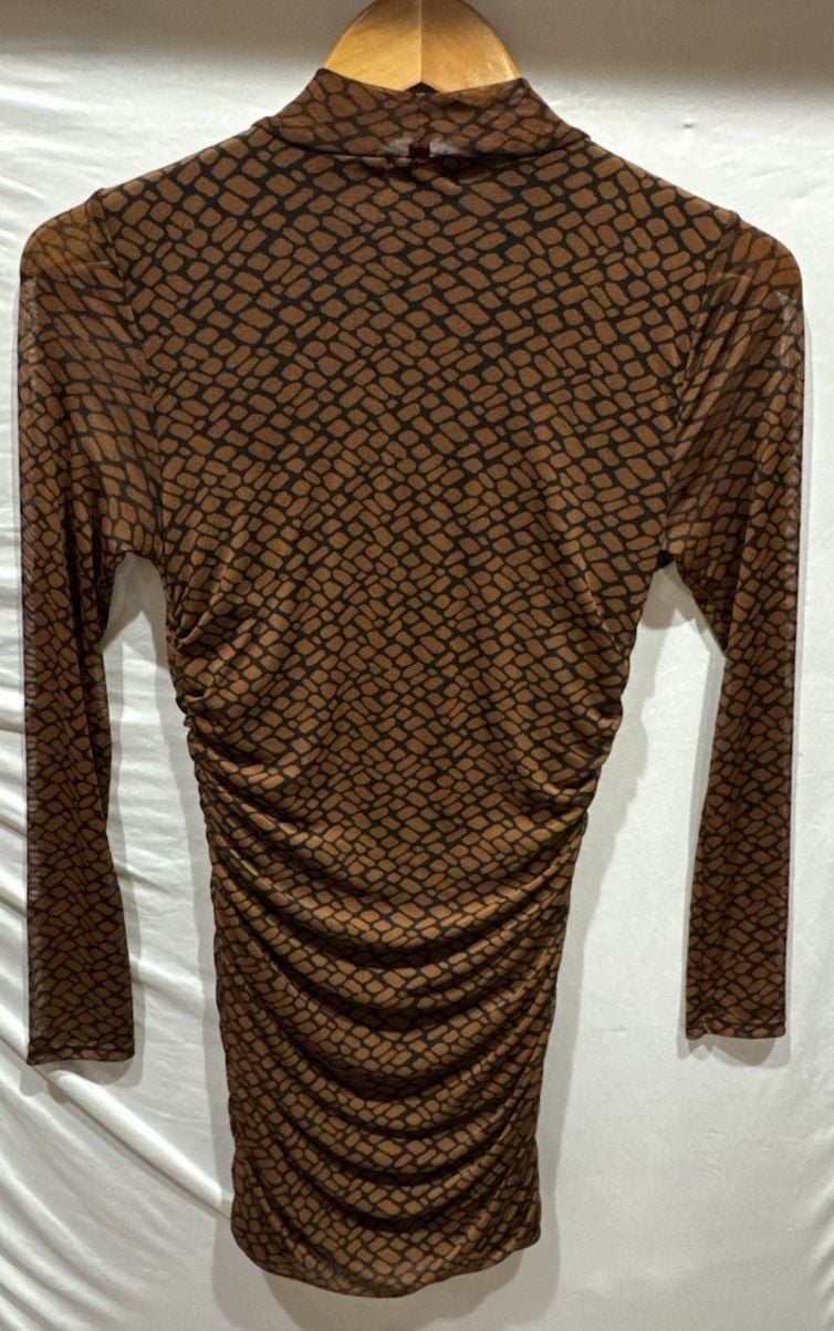 Originality Brown Snake Print Long Sleeve Mock Neck Ruched Mini Dress
O890 5