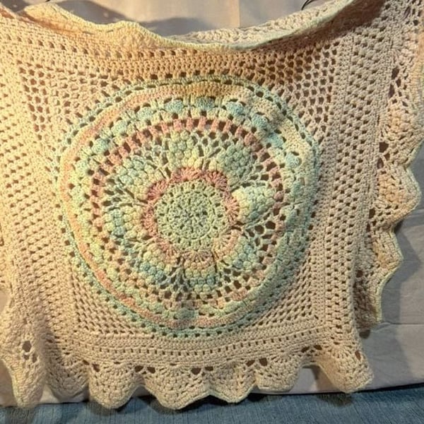 Handmade Crochet Medallion Baby Blanket Pastel Boho Throw