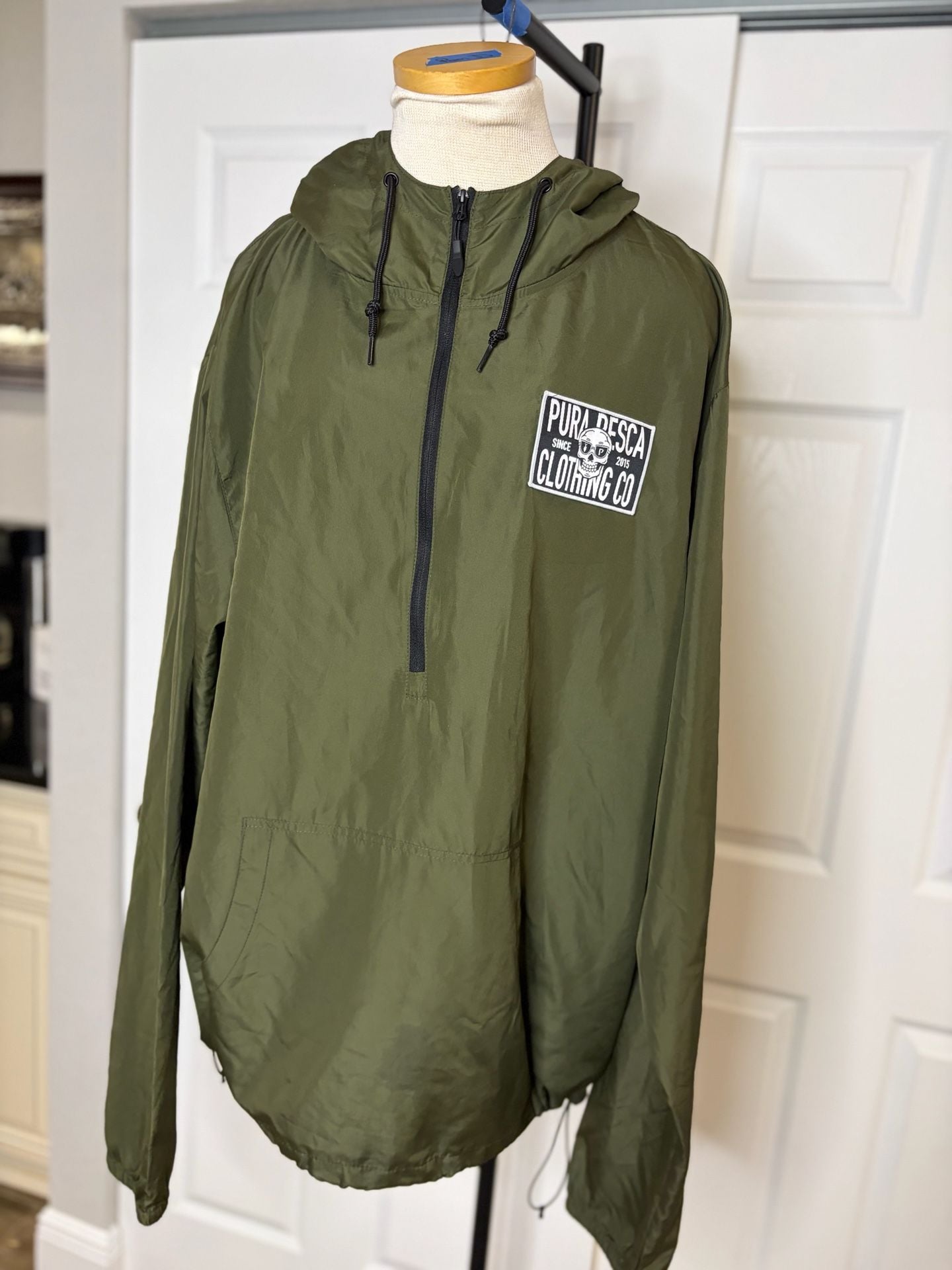 067-Pura Pesca Clothing Co. Clasico Windbreaker Olive Green Pullover Hooded 2