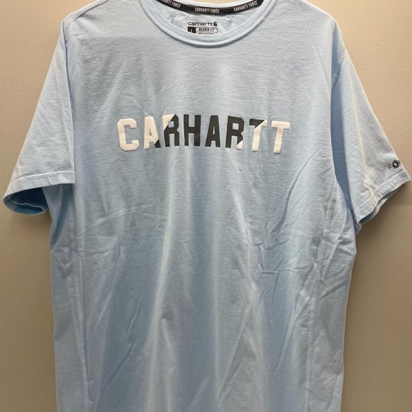 Carhartt Force Relaxed Fit T-Shirt Size L Light Blue Graphic Logo