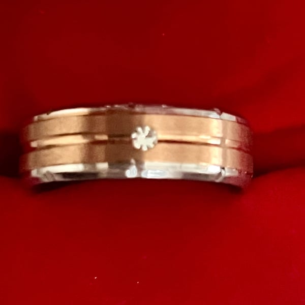 Two-Tone Diamond Grooved Titanium Steel 6mm Band Ring Size 12